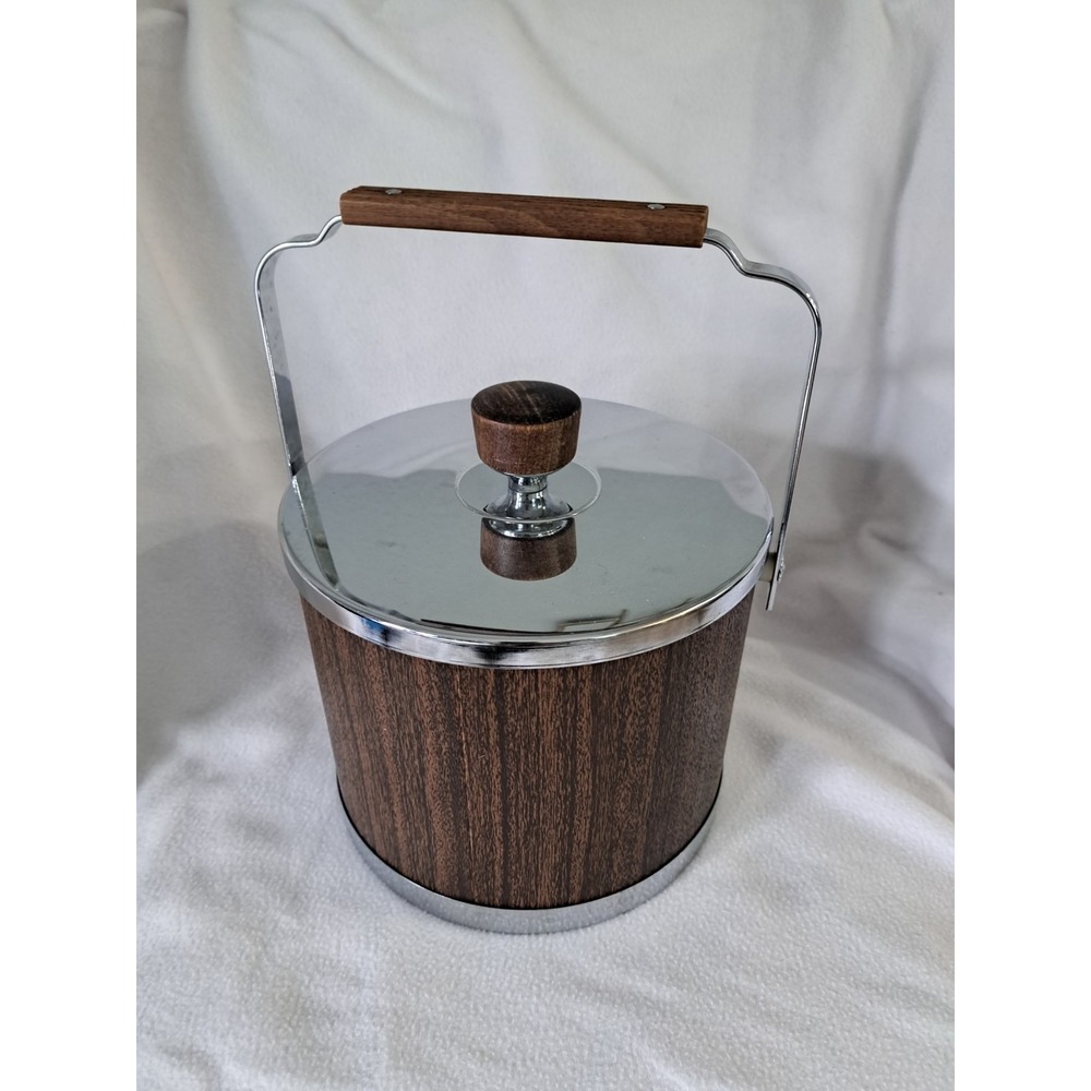 Vintage Atapco USA Faux Wood Grain Ice Bucket Chrome Lid Barware Mid Century Mod